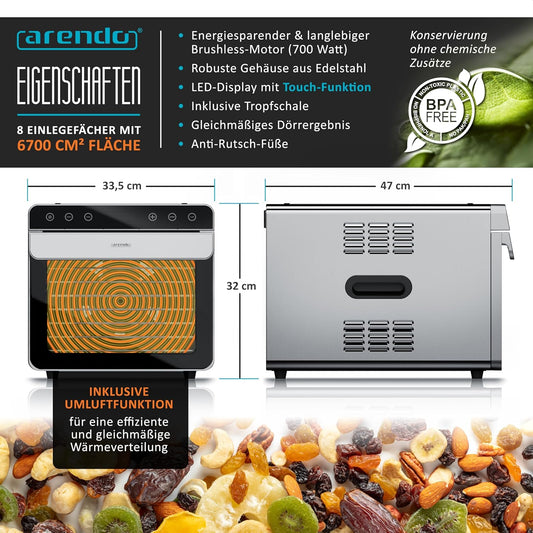 Arendo - Dörrautomat Edelstahl mit 8 Edelstahlgitter - 700 W - 35°-85°C - 8 Edelstahl Einlegetabletts mit insgesamt 6700 cm² - Dörrgerät Dehydrator Obsttrockner Dörrapparat - Obst Fleisch Pilze uvm