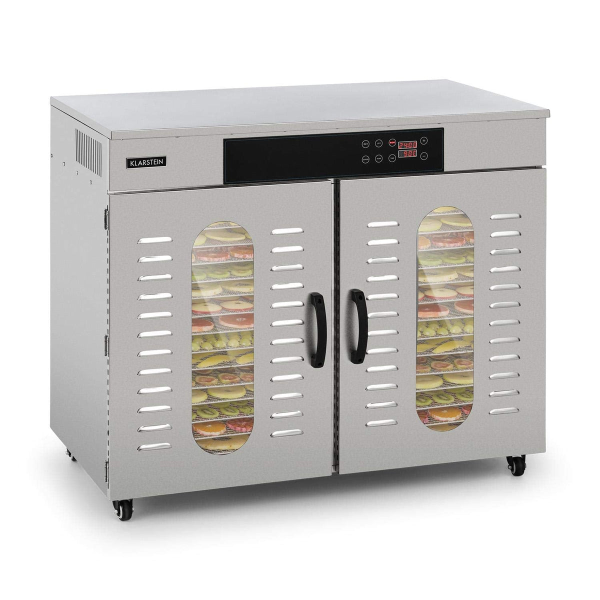 Klarstein Dörrautomat Edelstahl – 4.000-W-Dörrgerät, 48 Edelstahl-Einlegeböden, 30–90 °C, 24-Stunden-Timer, 6 Ventilatoren, 2 Trockenkammern, 50–55 dB, ideal für Obst, Gemüse, Fleisch, Kräuter, Silber
