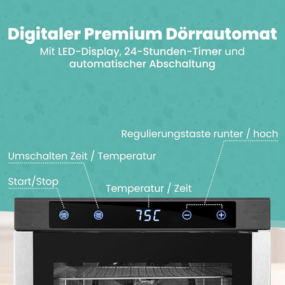 A-rival Dehydrator, Stainless Steel Dehydrator, Touch Control, Professional Dehydrator Stainless Steel, 24 Hour Timer, 6 Drying Trays + 3 Drying Mats, BPA-Free, 35 °C to 75 °C, Quiet Operation, 360°